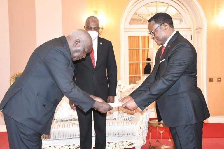 Zambia New Ambassador to Malawi Panji Kaunda presents letters to Chakwera