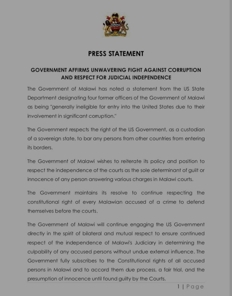 Malawi government responds to USA travel ban against public officers