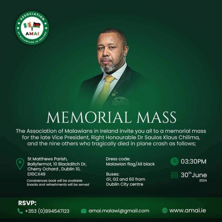Malawians in Ireland to hold memorial mass for Chilima