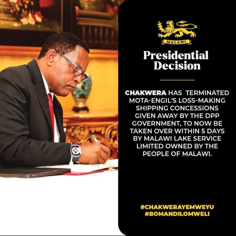 President Chakwera issues executive orders: Termination of Marine Concession Agreement and rejection of Chisale’s request