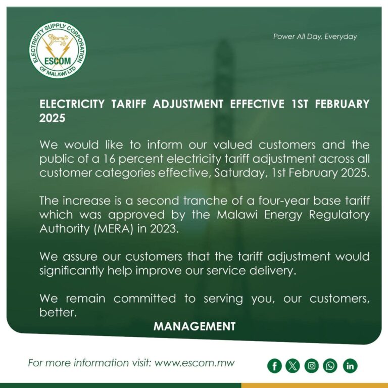 ESCOM announces 16 percent electricity tariff adjustment