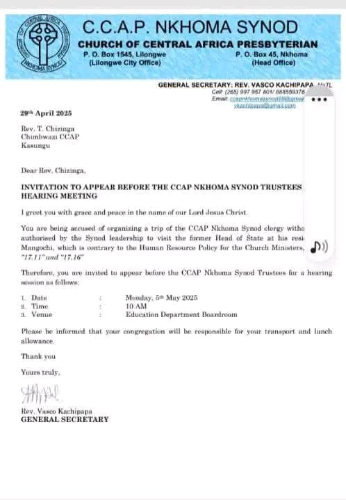 CCAP Nkhoma Synod summons minister over unauthorized trip to visit Mutharika