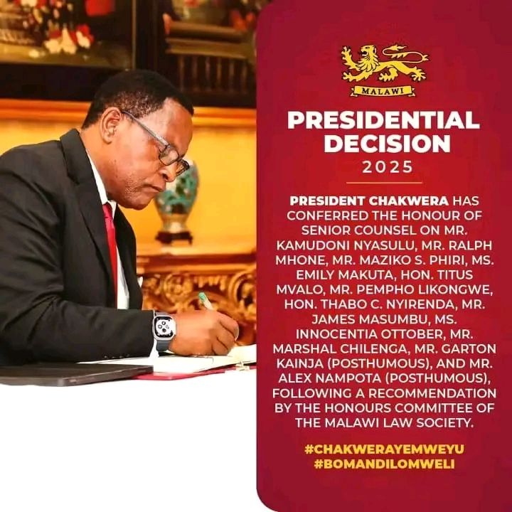 President Chakwera awards Senior Counsel titles to 13 eminent lawyers