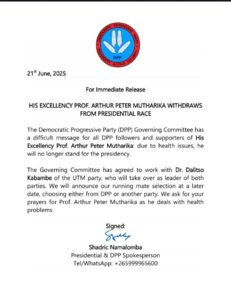 DPP Confirms Mutharika’s Withdrawal, Endorses Kabambe for 2025 Presidential Race