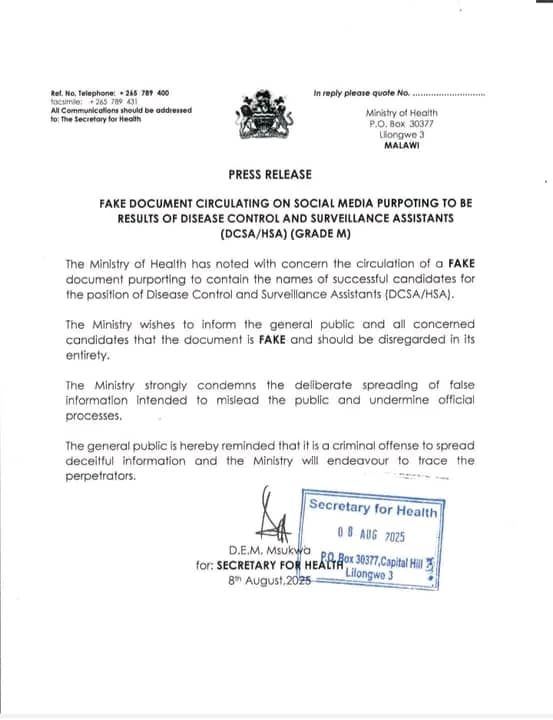 Ministry of Health warns public against fake recruitment list for disease control and surveillance assistants