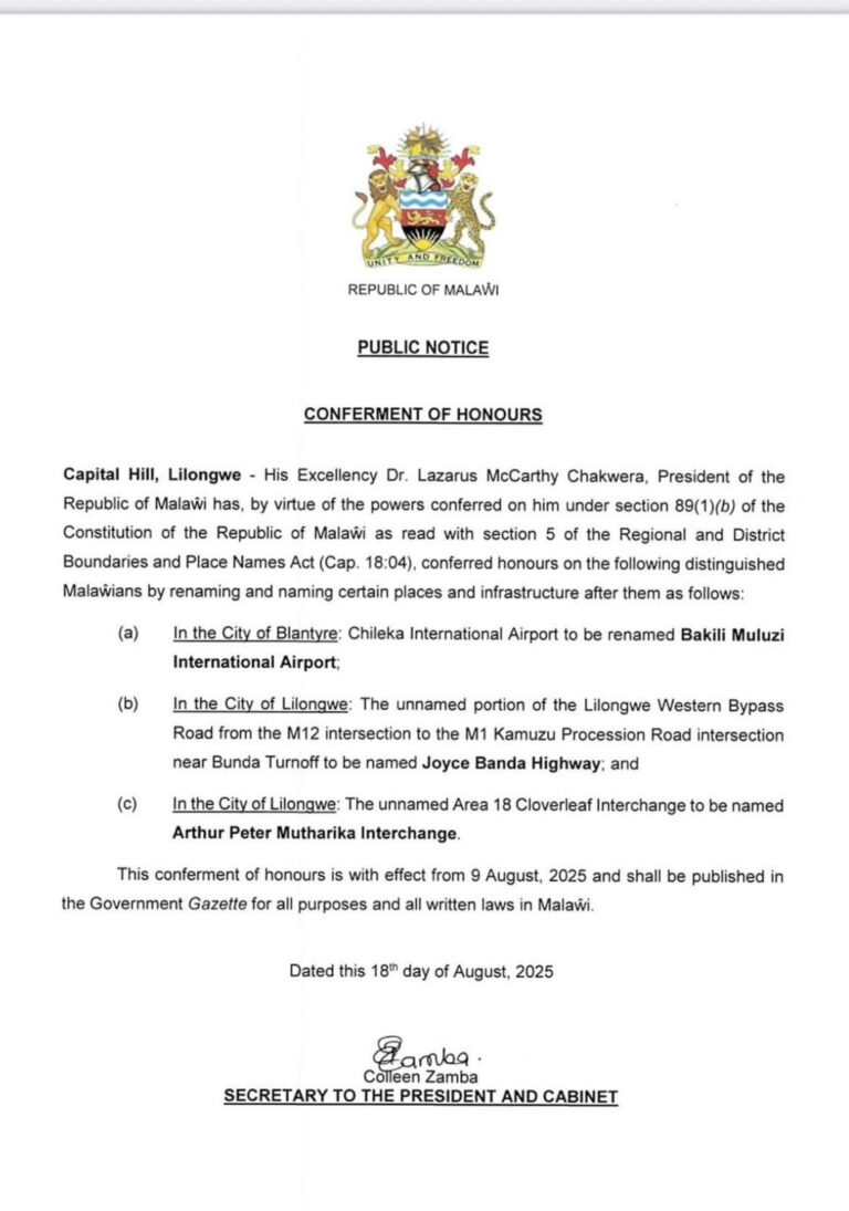 Chakwera renames key infrastructure in honour of former Presidents
